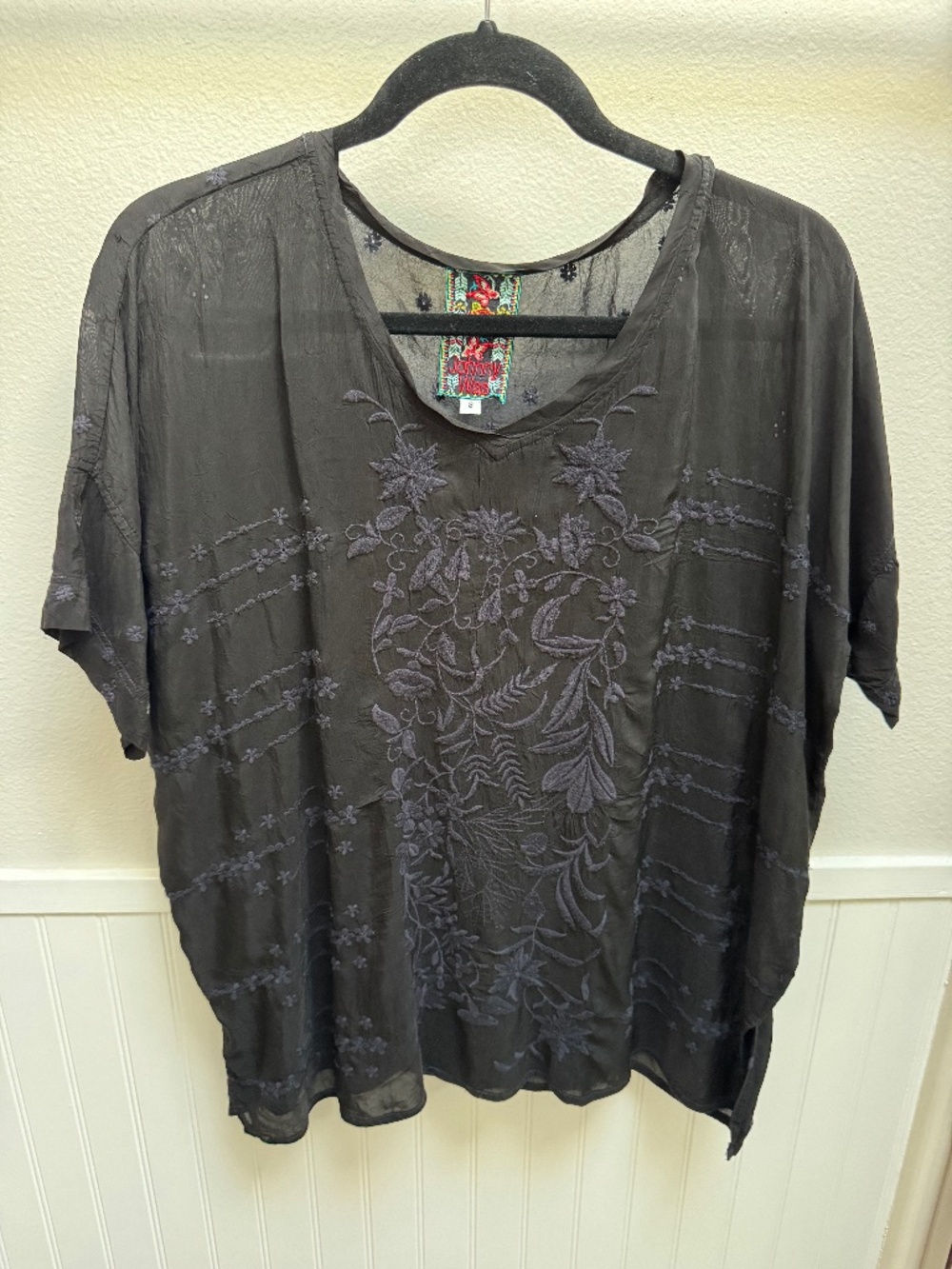 Johnny Was Black Silk Embroidered Top S